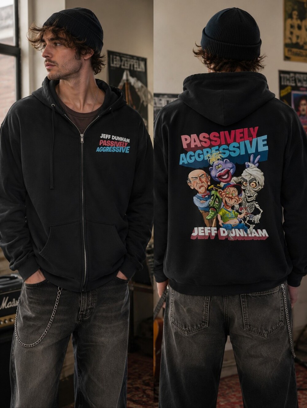 Dunham Black Zip-Up Hoodie with Multicolor 'Passively Aggressive' Tour Sweater